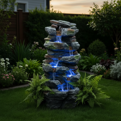 Rock Waterfall Outdoor Fountain with LED Lights, Gray