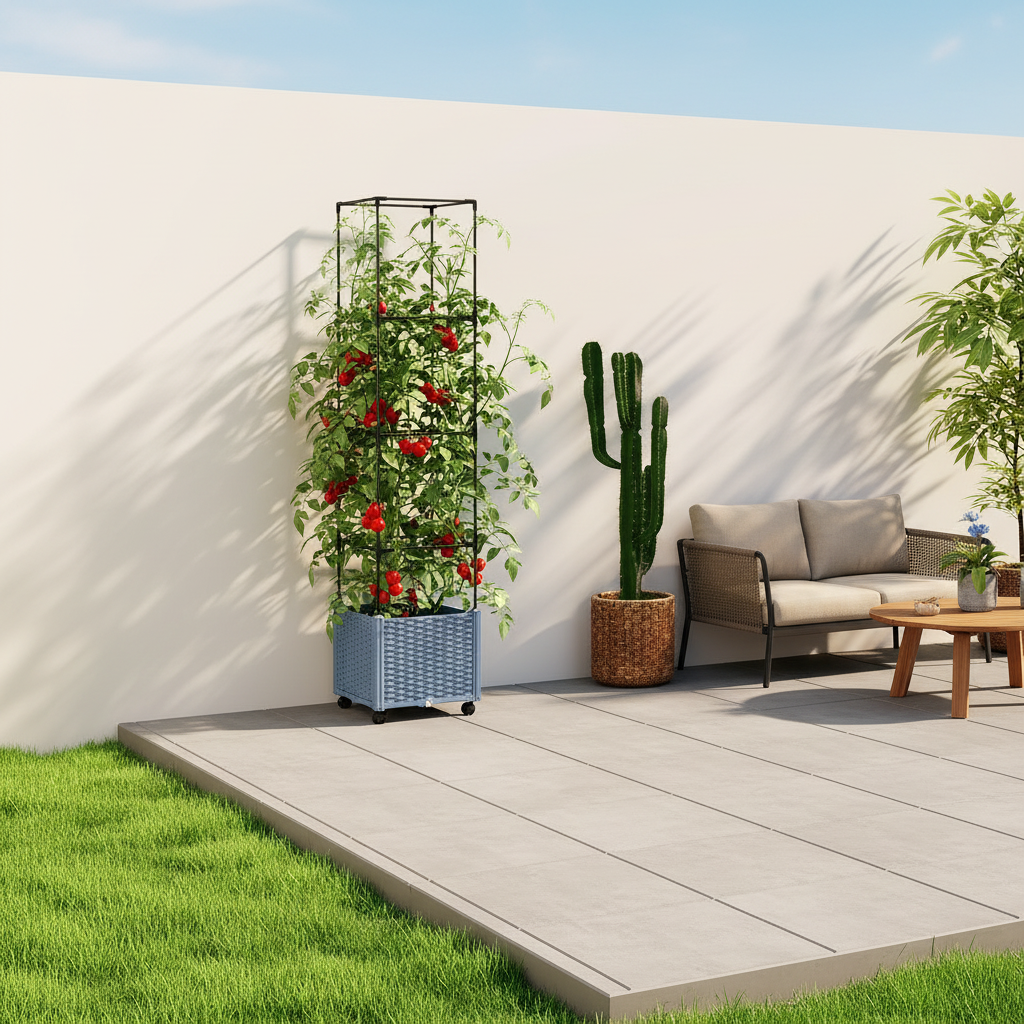 Raised Garden Bed with Trellis and Wheels, Gray