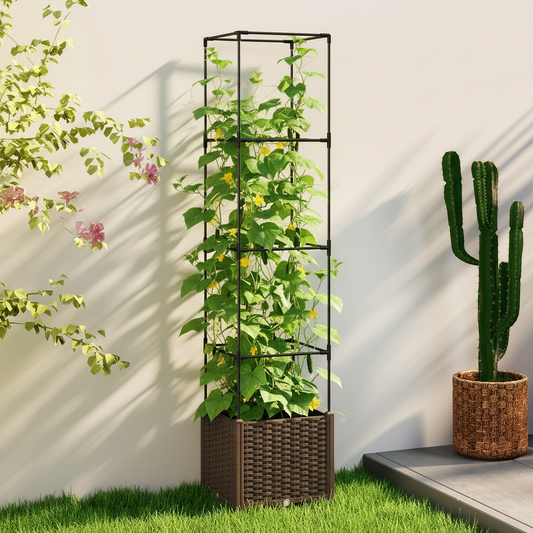 Raised Garden Bed with Trellis and Wheels, Brown