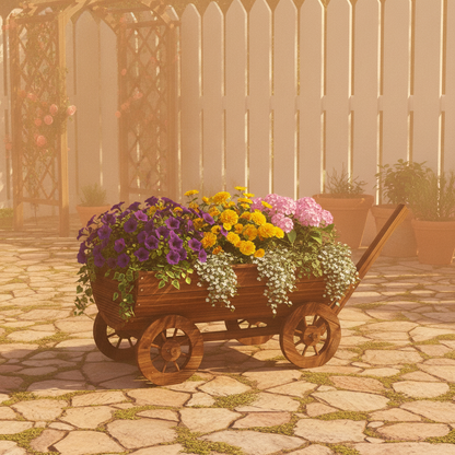 Wooden Wagon Planter Box with 4 Wheels and Drainage Hole