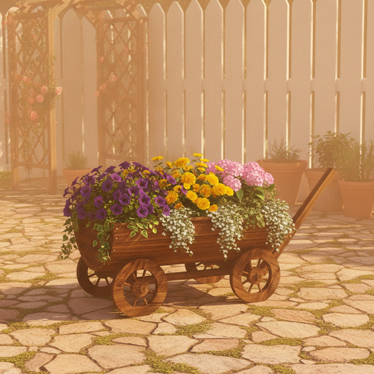 Wooden Wagon Planter Box with 4 Wheels and Drainage Hole