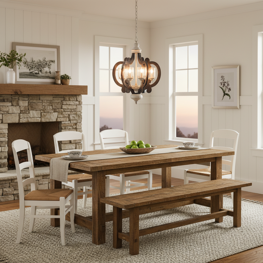6-Light Wood Chandelier, Cream, 20.5 x 18 x 24 in