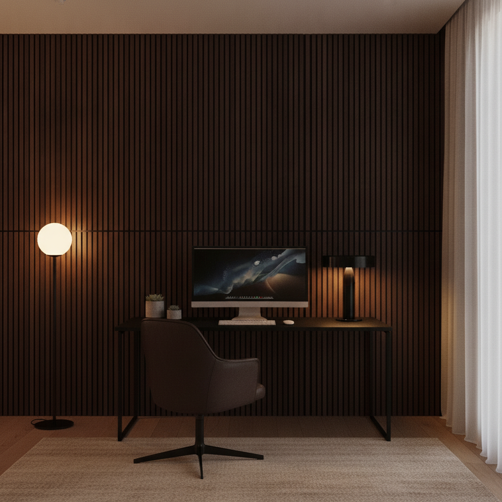 45 in Wood Slat Acoustic Wall Panels, 4 Pack, Dark Walnut