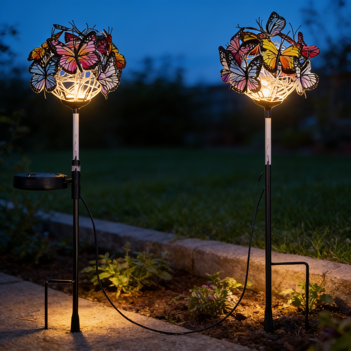Waterproof Butterfly Shaped Solar Light in a garden at dusk