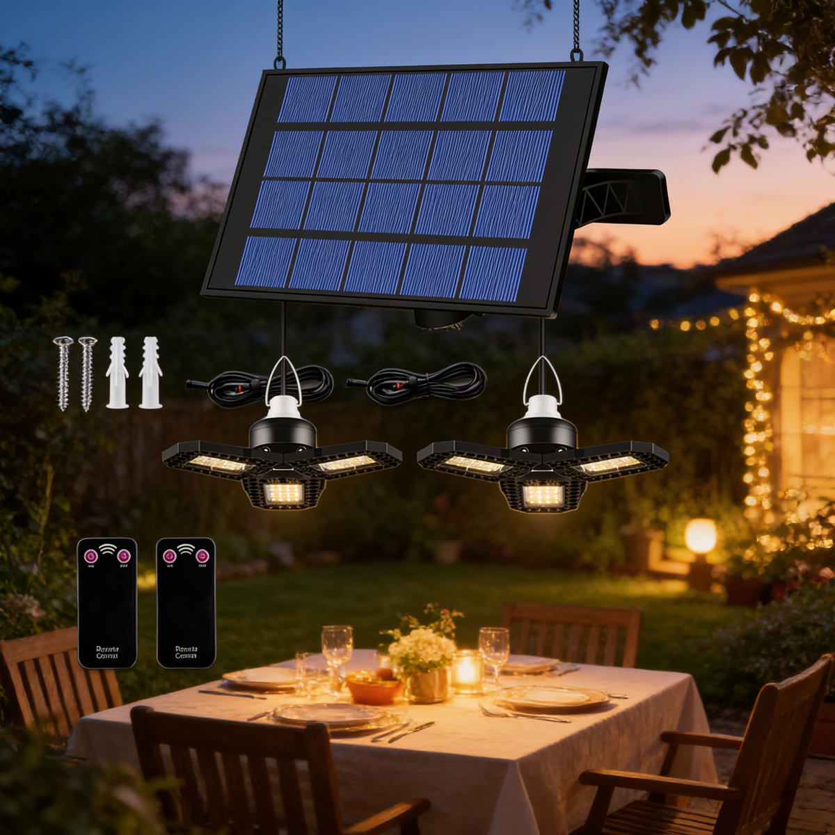 Solar Pendant Light with Sensor, Outdoor Hanging Light, 1 or 2 Heads