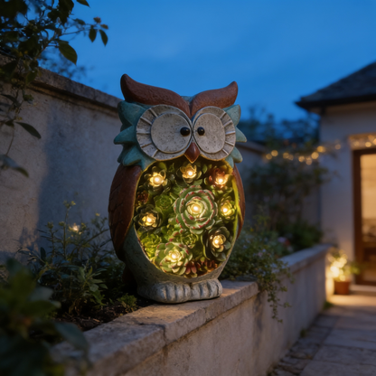 Solar Owl Garden Decor with LED Light, Resin Outdoor Ornament