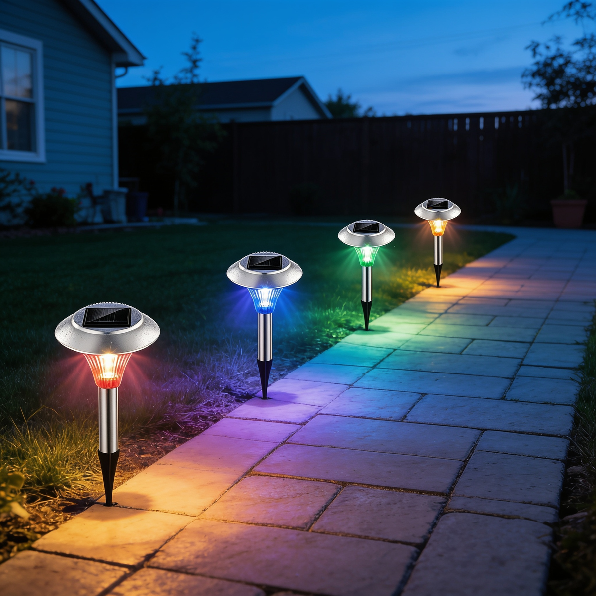 Solar Pathway Lights, 4 Pack, Color Changing LED, Stainless Steel
