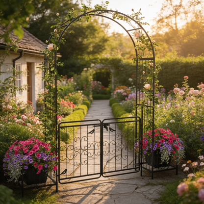 Iron Garden Arbor Arch with Gate and Planter, Black