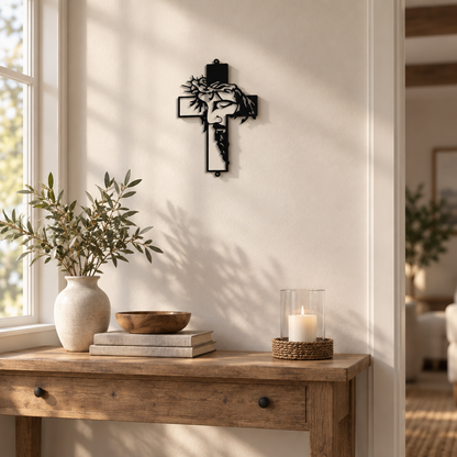 Wrought Iron Cross Wall Art with Fall Leaf Motifs