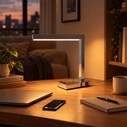 Modern LED Desk Lamp with USB Port and Outlet, Pewter