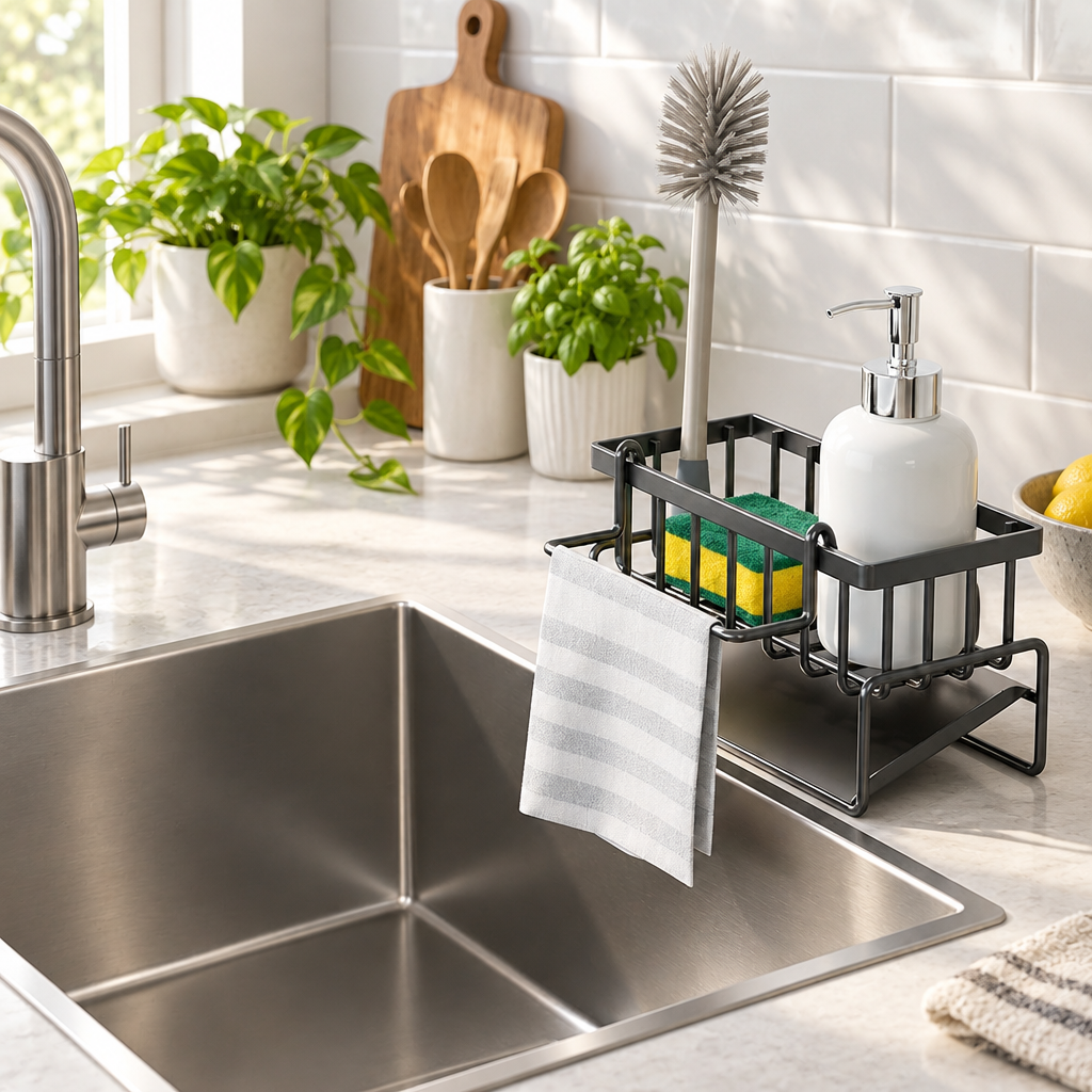 Kitchen Sink Caddy with Swivel Drain Spout, Black Metal