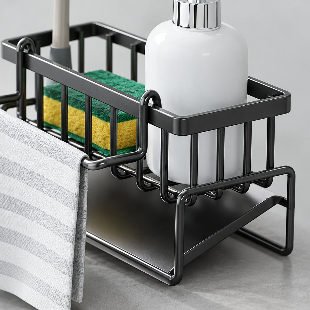 Kitchen Sink Caddy with Swivel Drain Spout, Black Metal