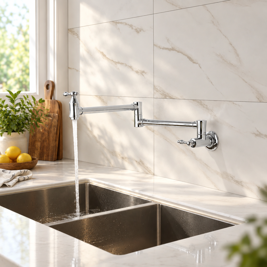 Wall Mount Folding Pot Filler Faucet, 21 in Reach, Chrome