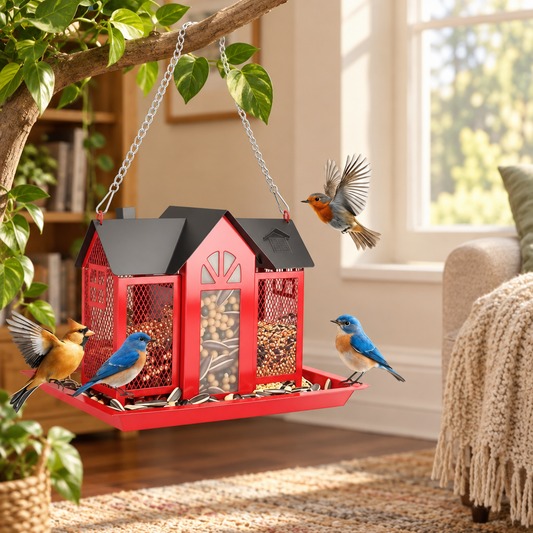 Hanging Bird Feeder, Barn Style, Metal with Seed Window, 2.2 lb Seed Capacity