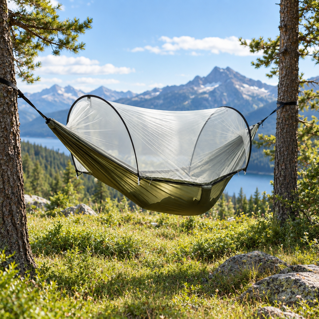Camping Hammock with Mesh Net, 440 lb Capacity