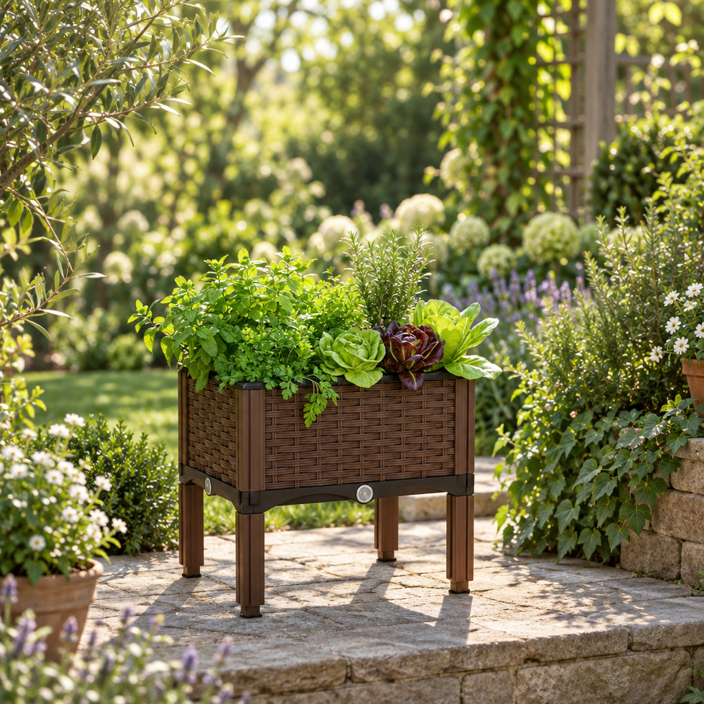 Elevated Raised Garden Bed with Self Watering Tray, Brown
