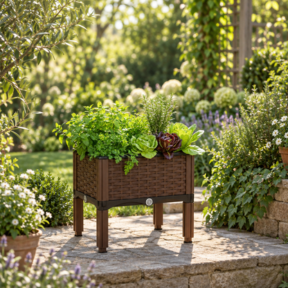 Elevated Raised Garden Bed with Self Watering Tray, Brown