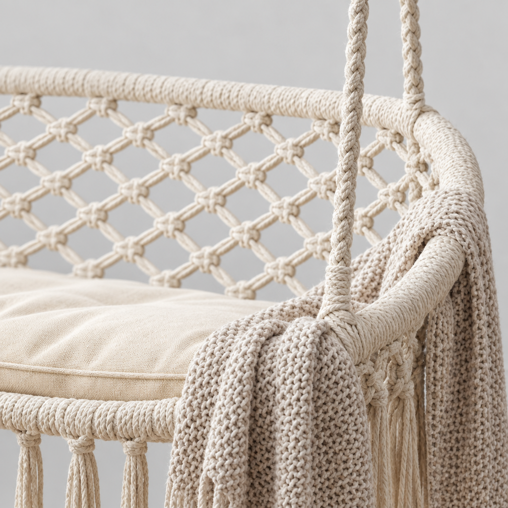 2 Person Macrame Hammock Swing Chair with Cushion, Cream