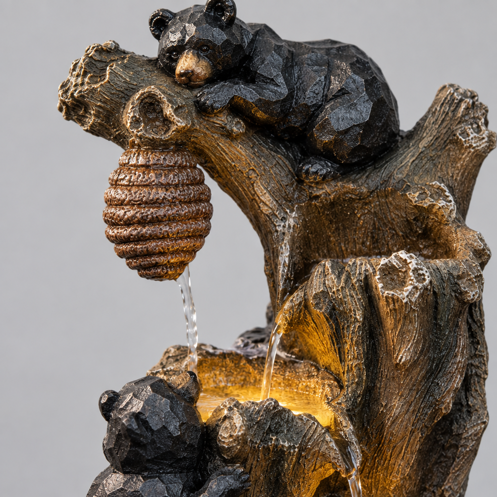 22.4 in 3 Tier Resin Bear and Beehive Outdoor Fountain