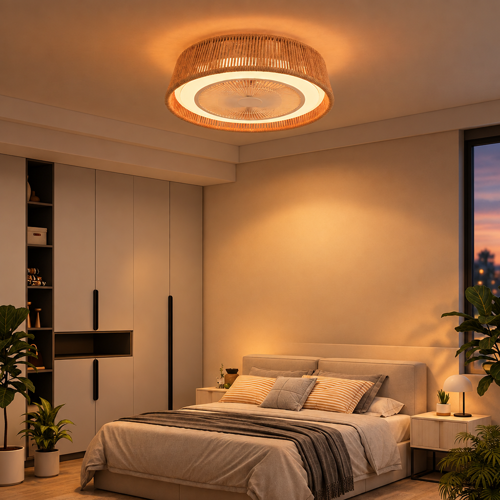 Rope Woven Ceiling Fan Light with RGB LED, Semi Flush