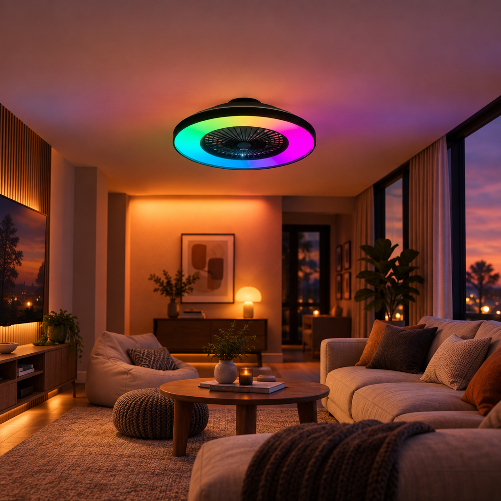 23 in Black Ceiling Fan Light, RGB LED, App and Remote