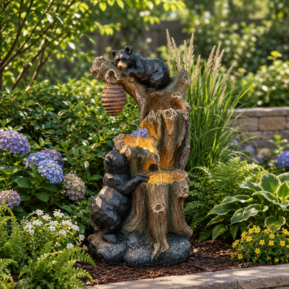 22.4 in 3 Tier Resin Bear and Beehive Outdoor Fountain