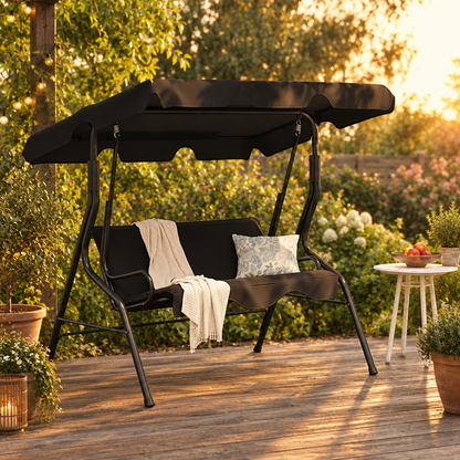 3 Seat Patio Canopy Swing with Cushions, Black Steel Frame