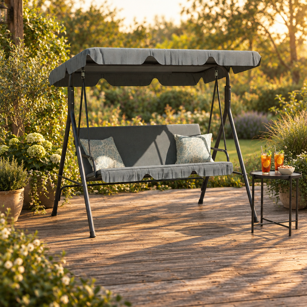 3 Seat Patio Swing with Tilt Canopy and Cushion, Gray