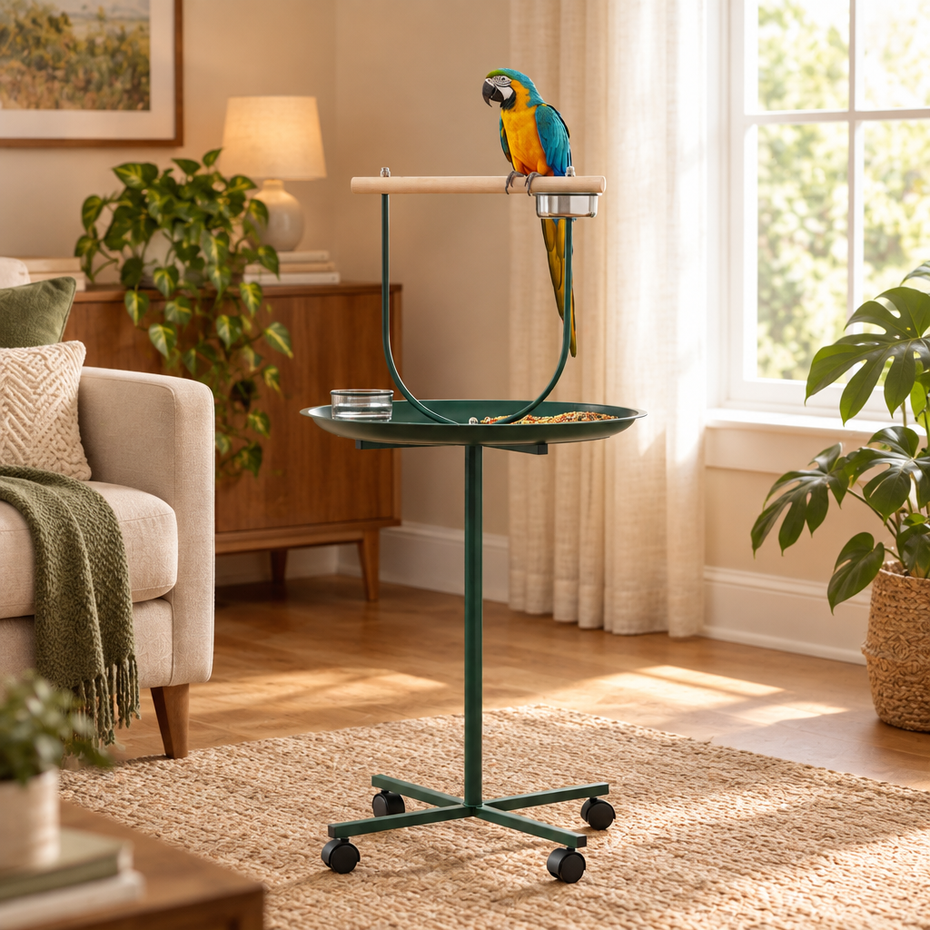 48 in Rolling Bird T-Stand with Perch and Bowls, Green