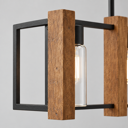 4 Light Wood and Black Metal Island Pendant, 36 in