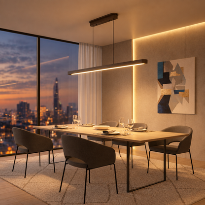 51 in Walnut Wood LED Linear Pendant Light, Dimmable with Remote