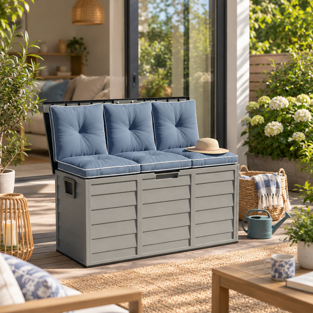Outdoor Storage Deck Box with Wheels, Gray