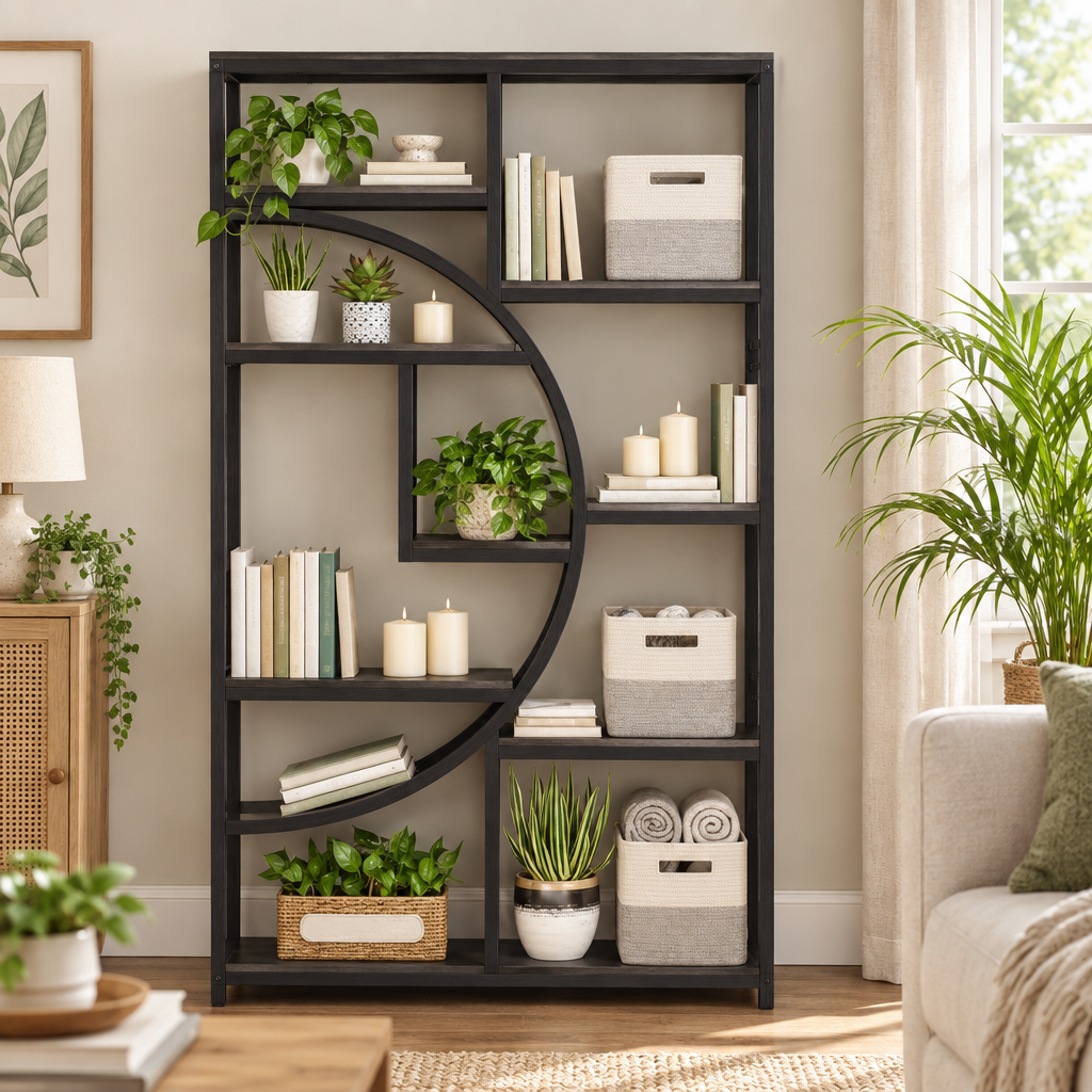 9-Shelf Half-Moon Etagere Bookcase, Metal and Wood Grain