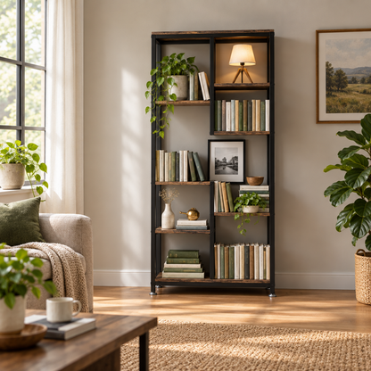 6-Tier Staggered Bookshelf, Black Metal and Wood