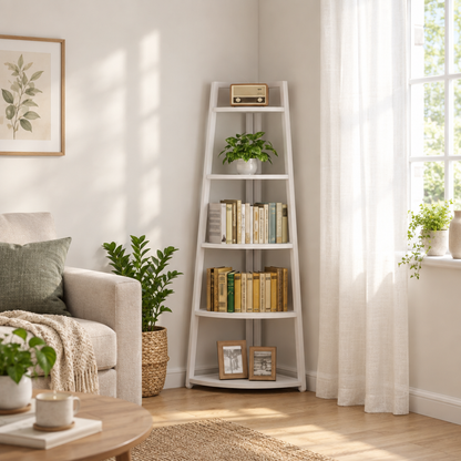 5-Tier White Corner Shelf with Metal Frame