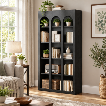 70.9 in Arched Farmhouse Bookshelf, Black Wood Grain