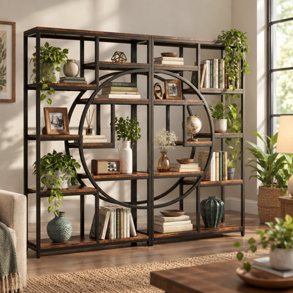 9-Shelf Half-Moon Etagere Bookcase, Rustic Brown