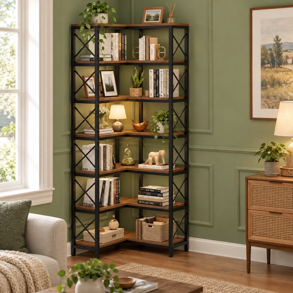 Corner Bookshelf 79 in Tall with X-Bar Frame, Grey
