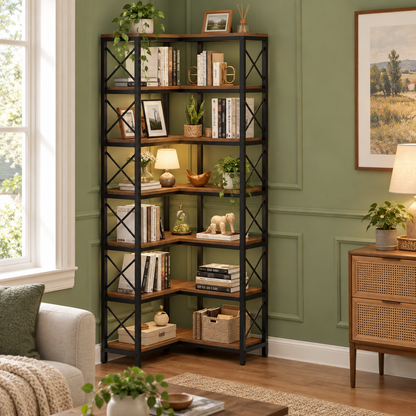 Corner Bookshelf 79 in Tall with X-Bar Frame, Grey