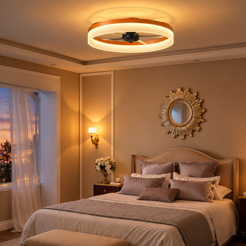 Flush Mount Ceiling Fan with Dimmable LED Light, Orange