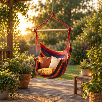 Rainbow Cotton Canvas Hanging Rope Chair with 2 Pillows