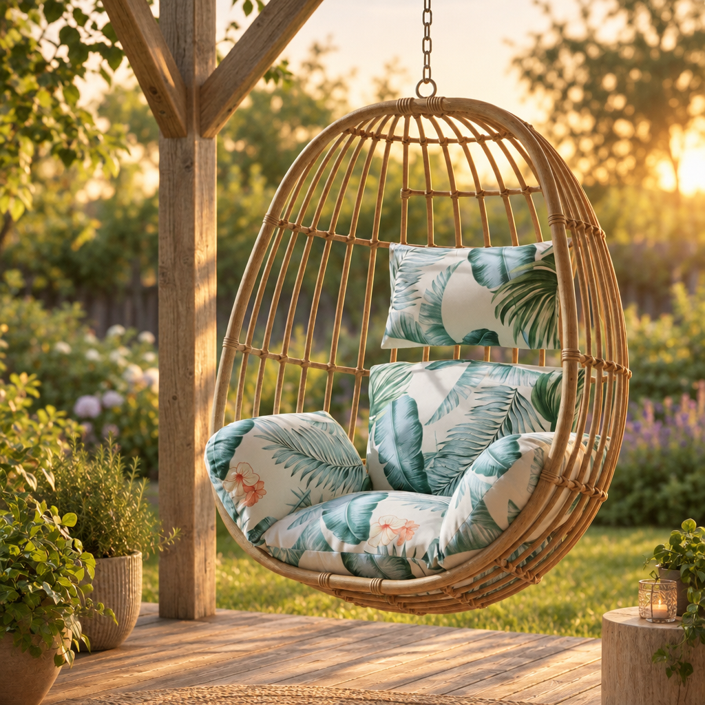 Egg Chair Cushion with Headrest, Blue Beige Leaf, 45 in