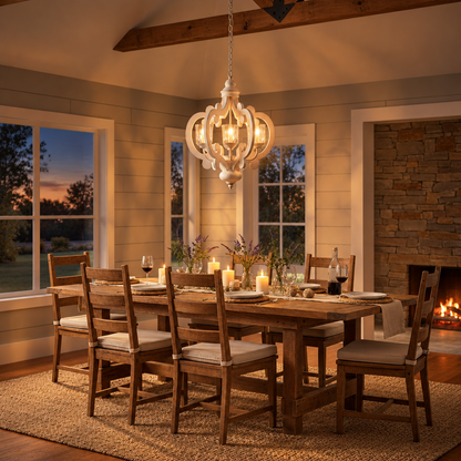 Farmhouse 6-Light Wood Chandelier, Cream