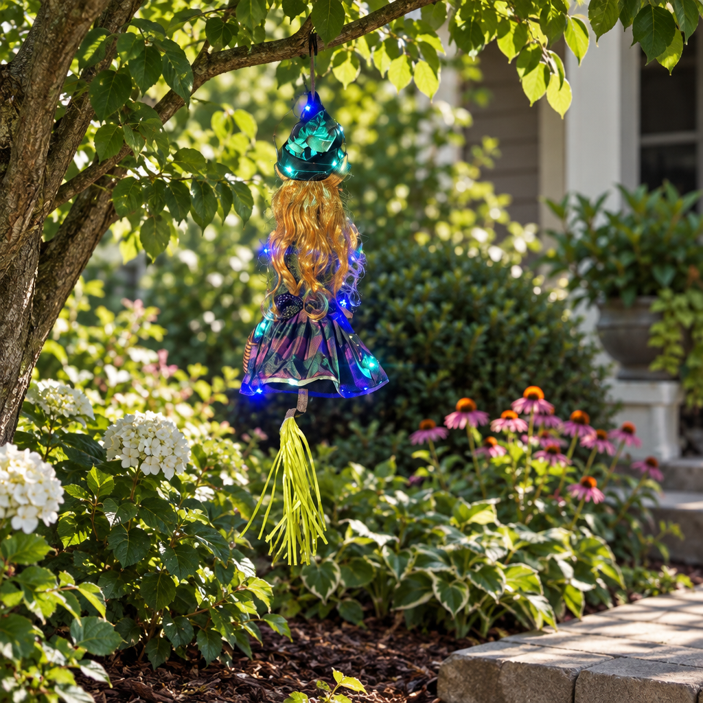 Hanging Witch Yard Decorations with String Lights, 4 Pack