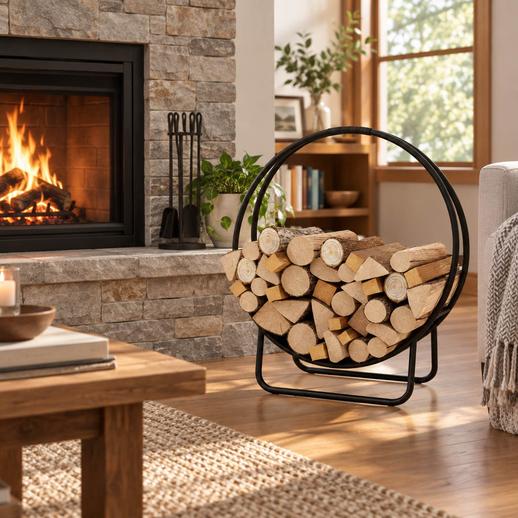 20 in Round Metal Firewood Log Hoop Rack, Black