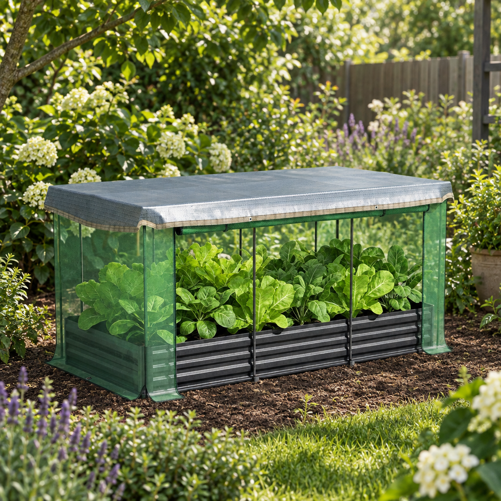 Raised Garden Bed with Crop Cage and Shade Cloth, Gray