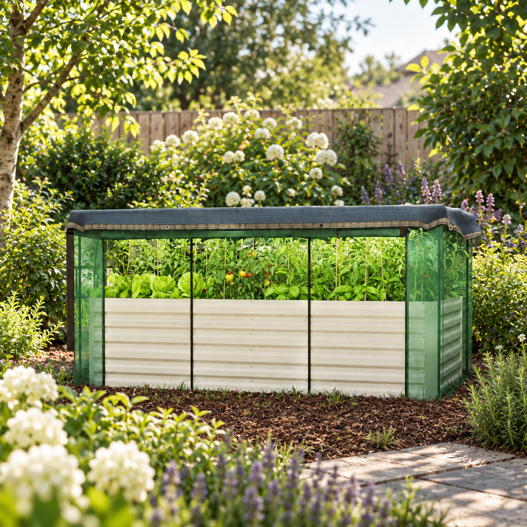 Raised Garden Bed with Crop Cage and Shade Cloth, Beige