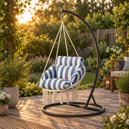 Hanging Hammock Swing Chair with Cushion, Blue and White