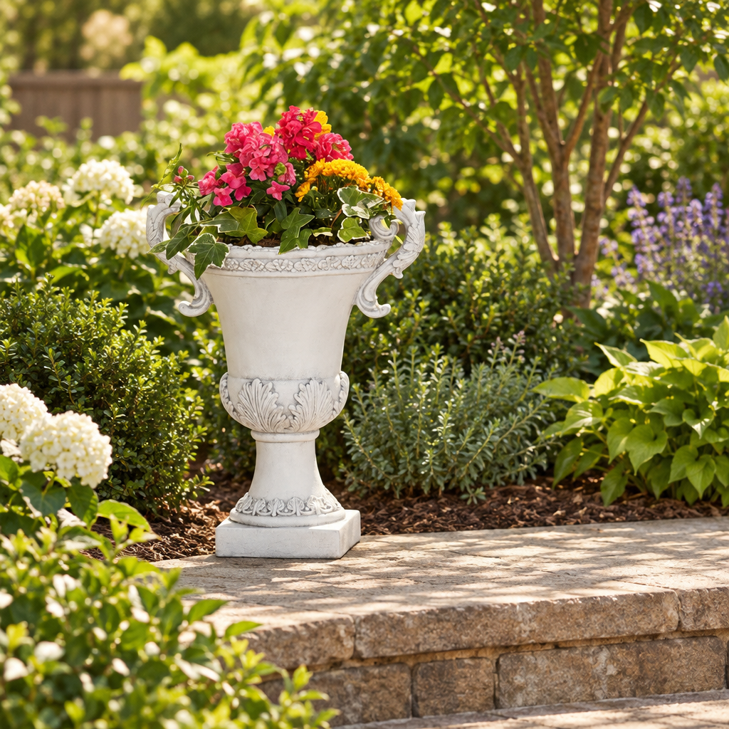 Antique White Magnesium Oxide Garden Urn Planter, 19 in