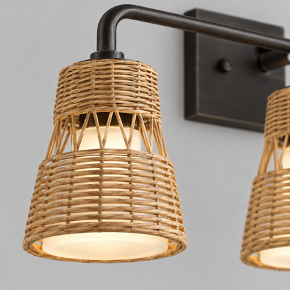 3 Light Rattan and Metal Wall Sconce, Black, 22.5 in